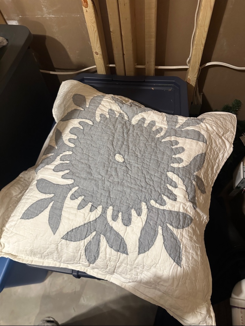 Gray Floral Quilt Decorative Pillow - White Background